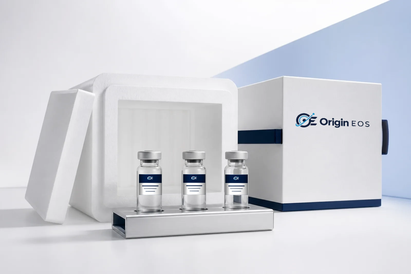 Illustrative Origin EOS research vials with branded insulated packaging