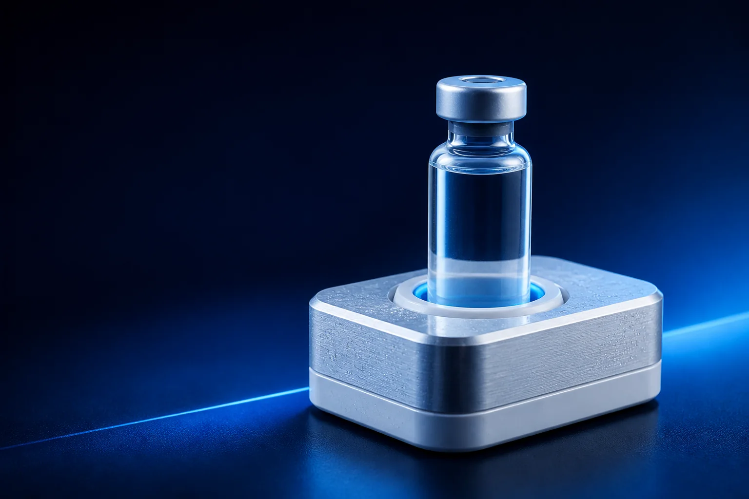 Illustrative research vial in a precision fixture